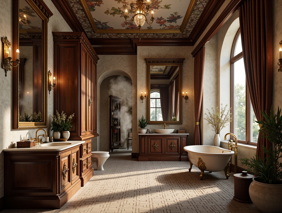 Prompt: Luxurious bathroom, ornate Renaissance-style furnishings, intricately carved wooden cabinetry, veined marble countertops, textured stone walls, mosaic tile flooring, gilded fixtures, antique bronze faucets, crystal chandeliers, soft warm lighting, atmospheric steam mist, elegant archways, grandiose mirrors, rich velvet drapes, subtle fresco ceilings, ornamental columns, natural stone bathtubs, vintage apothecary jars, rustic wooden accents, earthy color palette.