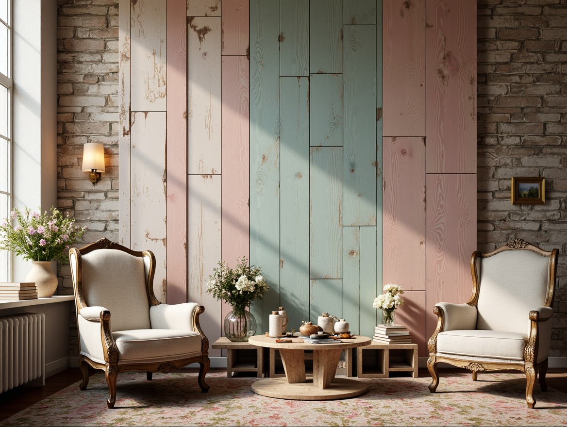 Prompt: Distressed wooden panels, soft pastel colors, vintage floral patterns, textured linen fabrics, rustic brick walls, worn stone surfaces, ornate gold frames, distressed finishes, peeling paint effects, faded elegance, romantic ambiance, warm candlelight, shallow depth of field, 1/1 composition, realistic textures, ambient occlusion.