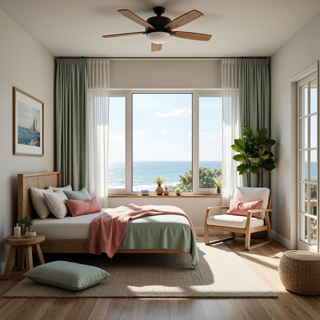 Prompt: Soothing coastal dorm room, calming ocean blues, soft sandy whites, warm driftwood grays, seafoam greens, coral pinks, natural textiles, woven baskets, distressed wood furniture, plush area rugs, billowy curtains, serene window views, sunny morning light, gentle seaside breeze, 1/1 composition, relaxed atmosphere, realistic fabrics, subtle ocean sounds.