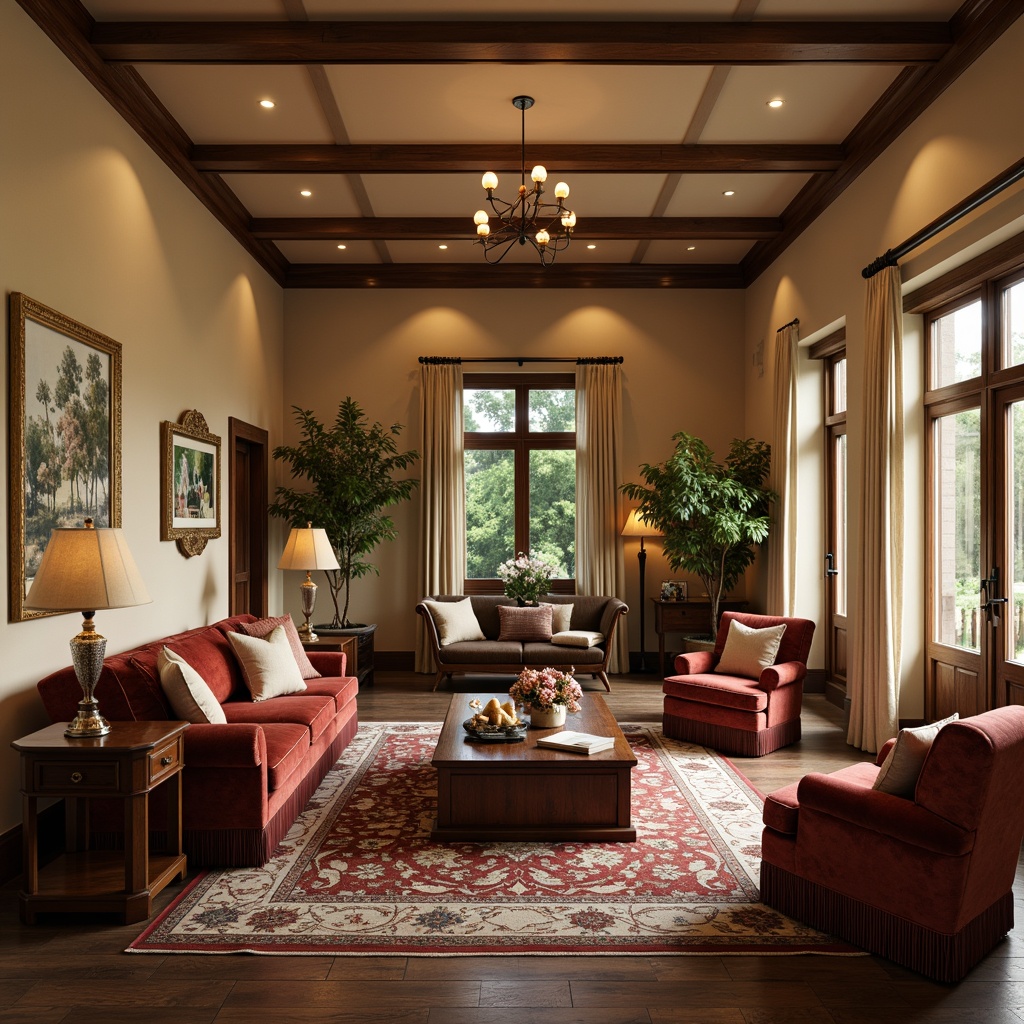 Prompt: Cozy traditional family room, warm beige walls, dark wood furniture, plush velvet sofas, ornate coffee tables, vintage rugs, soft golden lighting, intimate conversation areas, classic armchairs, wooden side tables, decorative vases, fresh flowers, large windows, natural daylight, elegant curtains, subtle patterns, rich textures, 3/4 composition, warm color palette.