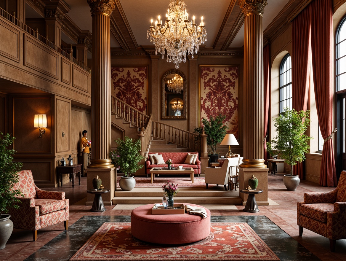 Prompt: Luxurious interior space, ornate furnishings, intricate patterns, lavish textiles, metallic accents, crystal chandeliers, marble floors, grand staircase, opulent drapery, vibrant color scheme, soft warm lighting, shallow depth of field, 3/4 composition, realistic textures, ambient occlusion.