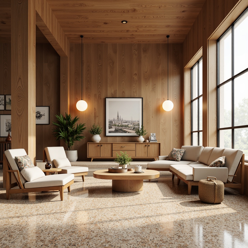 Prompt: Mid-century modern interior, Terrazzo flooring, hexagonal tiles, earthy tones, warm beige colors, organic patterns, natural stone textures, minimalist decor, sleek lines, retro-inspired furniture, wooden accents, pendant lamps, soft diffused lighting, 1/1 composition, shallow depth of field, realistic renderings.