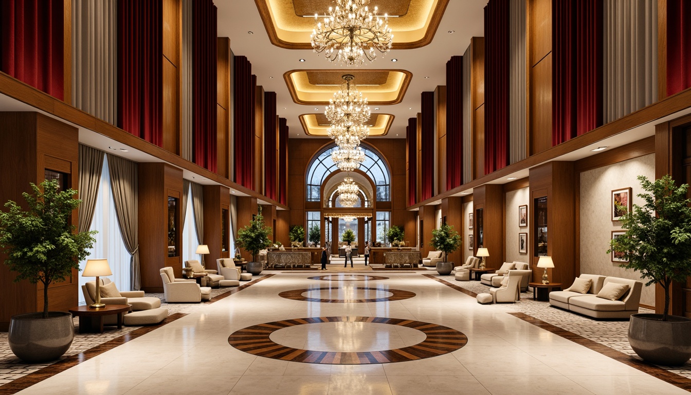 Prompt: Luxurious hotel lobby, polished marble floors, ornate metalwork, geometric patterns, rich wood paneling, opulent chandeliers, velvet drapes, metallic accents, curved lines, lavish furnishings, sophisticated color palette, warm golden lighting, shallow depth of field, 1/1 composition, panoramic view, realistic reflections, ambient occlusion, jazz-age inspired motifs, inlaid woods, intricate moldings.