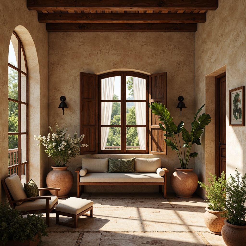 Prompt: Warm Mediterranean villa, rustic stone walls, ornate ironwork, wooden shutters, billowy curtains, natural linen fabrics, soft warm lighting, earthy color palette, terracotta pottery, vintage distressed finishes, arched windows, decorative tile work, lush greenery, blooming flowers, sunny day, shallow depth of field, 3/4 composition, realistic textures, ambient occlusion.