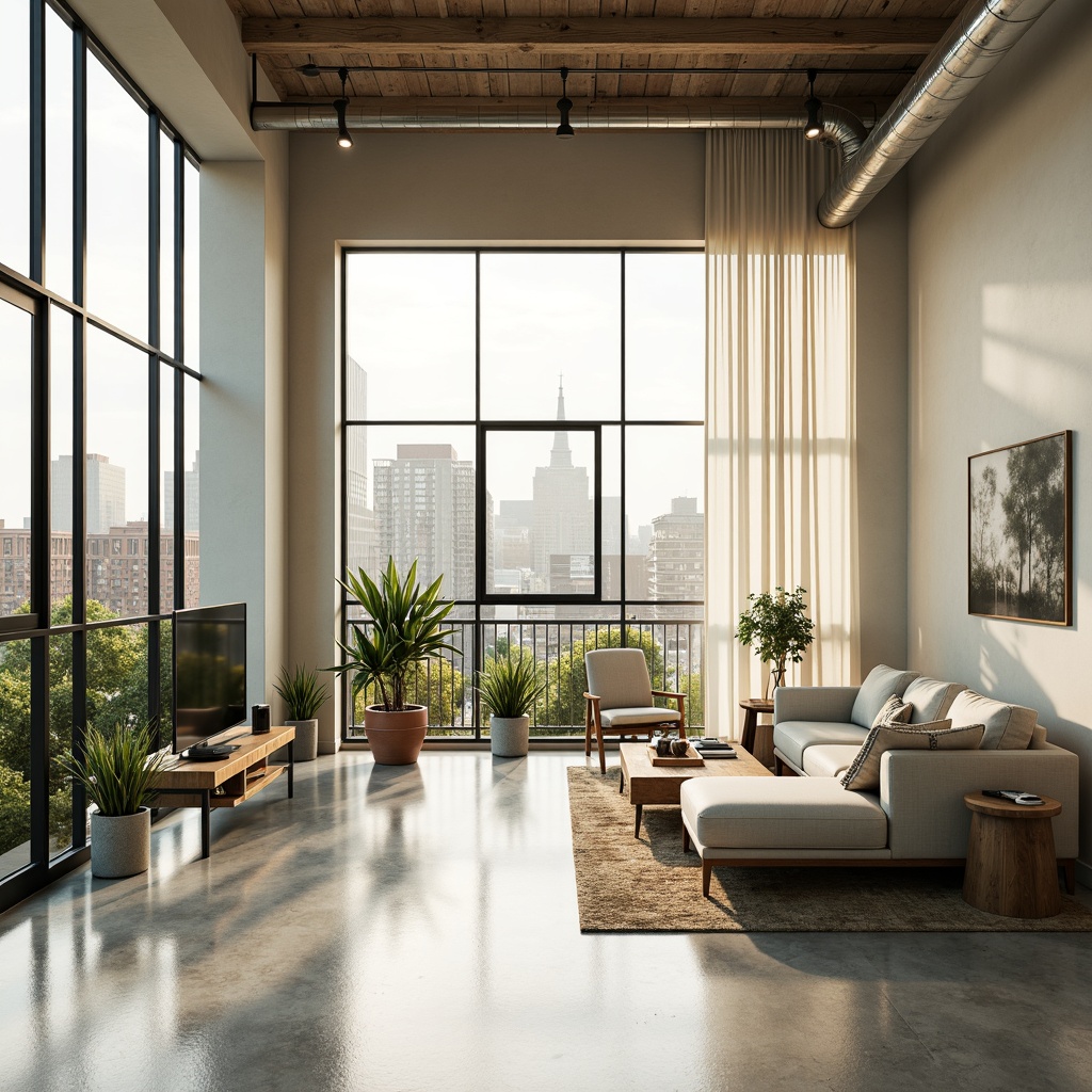 Prompt: Airy living room, minimalist decor, large windows, sliding glass doors, natural light pouring in, reflective flooring, creamy white walls, sparse furniture arrangement, greenery scattered throughout, potted plants, wooden accents, industrial chic lighting, exposed ductwork, high ceilings, urban loft atmosphere, soft warm color palette, shallow depth of field, 1/1 composition, panoramic view, realistic textures, ambient occlusion.