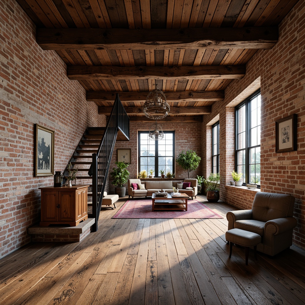 Prompt: Rustic loft interior, exposed brick walls, wooden ceiling beams, distressed wood flooring, reclaimed timber planks, matte finish, earthy tones, natural textures, warm ambiance, cozy atmosphere, soft lighting, vintage furniture, traditional decor, industrial chic accents, metal railings, open-plan living space, urban dwelling, converted warehouse feel, eclectic style mix, richly stained woods, decorative rugs, plush furnishings.