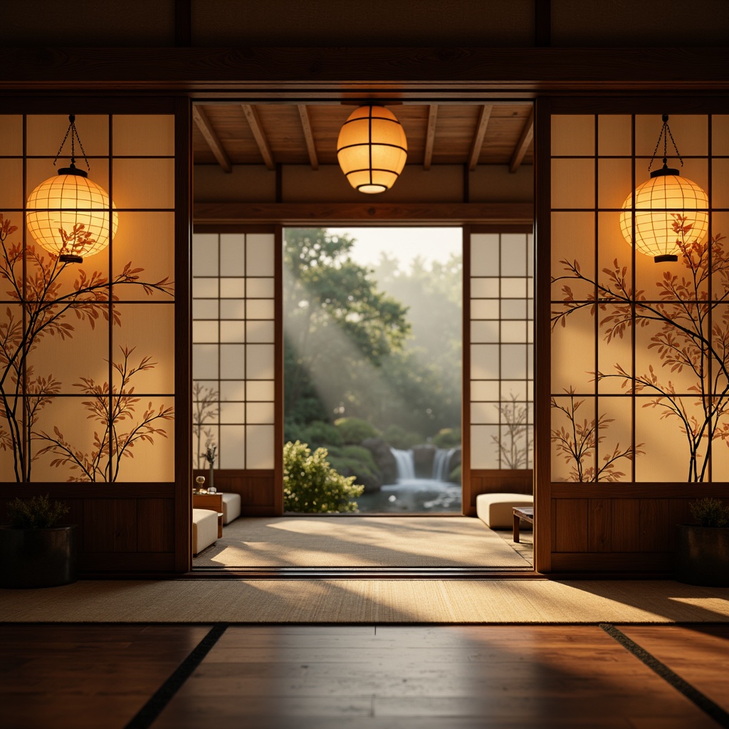 Prompt: Traditional Japanese lanterns, warm soft lighting, paper screens, sliding shoji doors, tatami mats, natural wood accents, minimalist decor, serene ambiance, tranquil atmosphere, subtle shadows, diffused warm glow, rice paper textures, delicate cherry blossom patterns, gentle wind chimes, peaceful water features, bamboo forest surroundings, misty morning light, 1/1 composition, shallow depth of field, realistic materials.