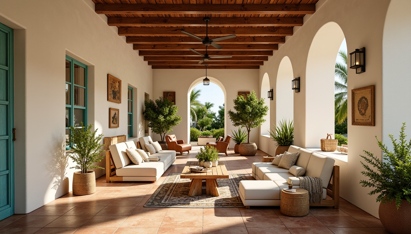 Prompt: Warm Mediterranean villa, soft cream walls, terracotta floors, rustic wooden beams, ornate ceramic tiles, turquoise accents, lush greenery, natural textiles, woven baskets, distressed wood furniture, warm golden lighting, shallow depth of field, 3/4 composition, realistic textures, ambient occlusion.