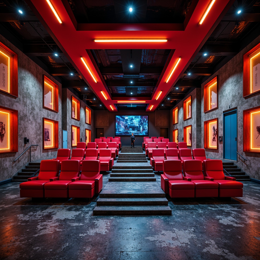 Prompt: Bauhaus-inspired cinema interior, bold red and blue accents, sleek metallic frames, minimalist seating arrangement, curved rows of chairs, stepped platform, dynamic lighting systems, geometric patterned floor tiles, industrial-chic decor, exposed ductwork, distressed concrete walls, avant-garde ambiance, warm golden lighting, cinematic atmosphere, 1/2 composition, shallow depth of field, realistic textures, ambient occlusion.