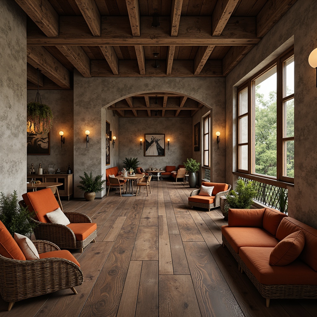 Prompt: Rustic wooden flooring, natural stone walls, woven wicker furniture, plush velvet upholstery, metallic accents, industrial concrete ceilings, reclaimed wood beams, cozy candle lighting, soft warm ambiance, shallow depth of field, 1/1 composition, realistic textures, ambient occlusion, minimalist decor, earthy color palette, organic shapes, tactile materials, inviting atmosphere.