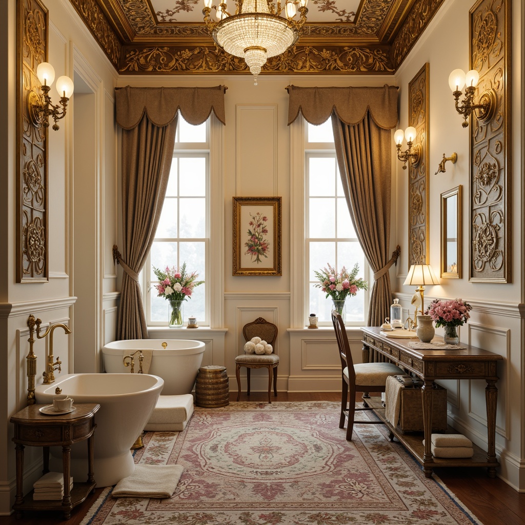 Prompt: Opulent powder room, ornate gold leafing, delicate florals, soft cream walls, lavish velvet drapes, intricate moldings, carved wooden panels, antique furniture pieces, sparkling crystal chandeliers, richly patterned rugs, gilded mirrors, French Renaissance inspirations, subtle warm lighting, shallow depth of field, 1/1 composition, ornate frames, realistic textures, ambient occlusion.