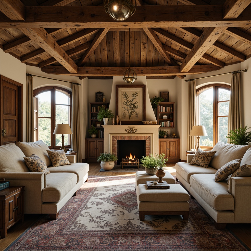 Prompt: Rustic French country estate, wooden accents, distressed oak beams, natural stone walls, earthy tones, vintage furniture, ornate carvings, soft candlelight, warm beige colors, plush velvet upholstery, antique bronze hardware, woven tapestries, botanical prints, floral patterns, rustic wooden doors, arched windows, cozy reading nooks, crackling fireplace, morning sunlight, shallow depth of field, 2/3 composition, warm color grading, natural textures, ambient occlusion.