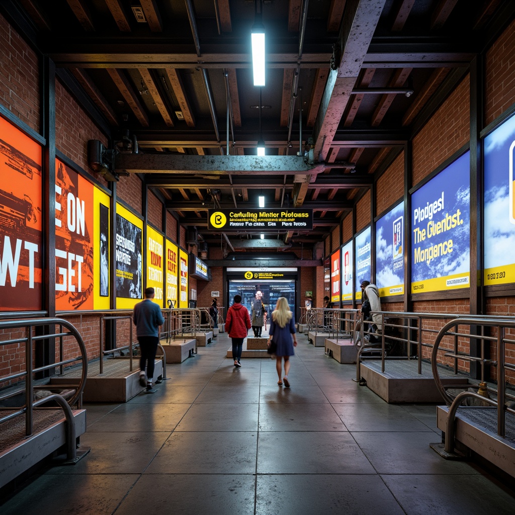 Prompt: Industrial-style metro station, exposed brick walls, metallic beams, modern signage systems, LED display screens, bold font typography, vibrant color schemes, urban cityscape views, rush hour atmosphere, dynamic lighting effects, shallow depth of field, 1/1 composition, realistic textures, ambient occlusion, stainless steel handrails, concrete flooring, functional wayfinding signs, directional arrows, informational displays, passenger flow management systems.