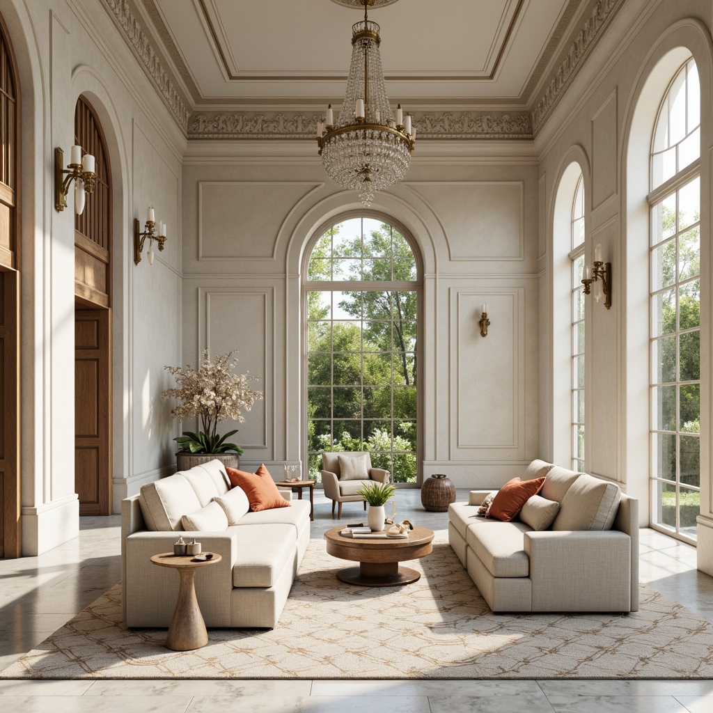 Prompt: Creamy whites, soft grays, warm beiges, rich wood tones, elegant marble accents, subtle gold hardware, refined ornate details, stately columns, grand archways, sophisticated chandeliers, plush velvet upholstery, calming botanical prints, serene natural light, airy open spaces, harmonious 3/4 composition, warm ambient lighting, realistic textures, soft focus, shallow depth of field.