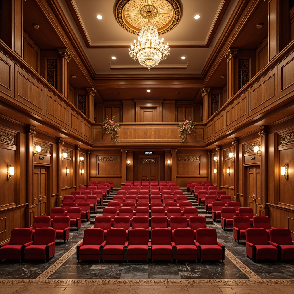 Prompt: Elegant auditorium, transitional style design, rich wood tones, comfortable seating arrangements, plush red velvet chairs, ornate golden accents, sophisticated lighting fixtures, grand chandeliers, polished marble floors, intricate moldings, soft warm color palette, subtle textures, gentle curved lines, harmonious spatial layout, ample legroom, optimal viewing angles, 3/4 composition, shallow depth of field, realistic rendering, ambient occlusion.