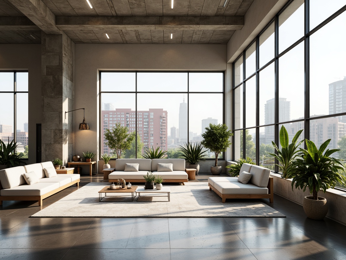 Prompt: Minimalist living room, high ceilings, floor-to-ceiling windows, natural light pouring in, airy atmosphere, sleek modern furniture, low-profile sofas, transparent coffee tables, geometric patterns, monochromatic color scheme, polished concrete floors, industrial-chic decor, urban loft-inspired design, spacious open-plan layout, unobstructed views, seamless transitions, abundant greenery, potted plants, hanging gardens, natural textiles, woven baskets, earthy tones, warm ambient lighting, soft shadows, 1/1 composition, symmetrical framing.