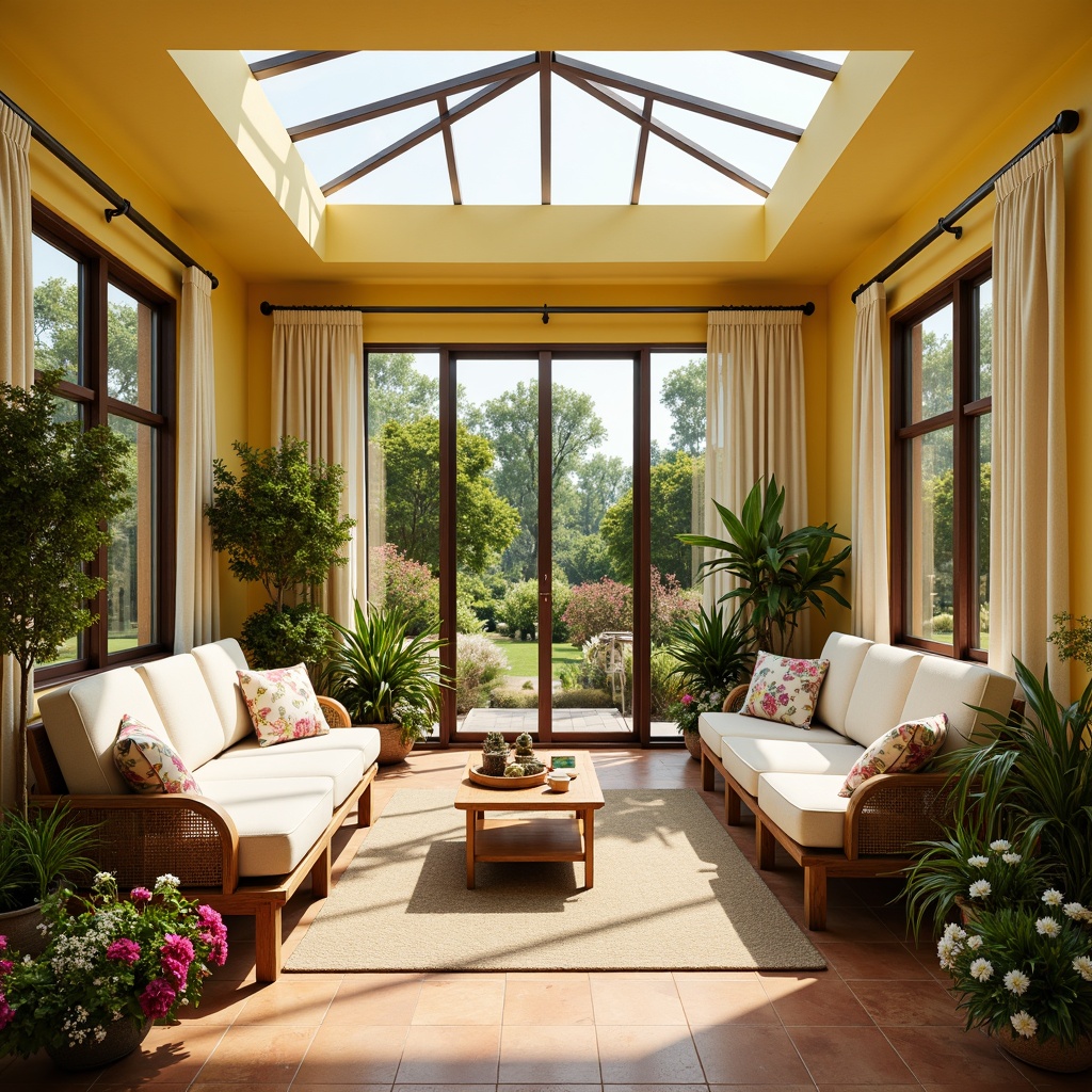 Prompt: Vibrant sunroom, warm natural light, bright yellow walls, lush greenery, blooming flowers, wooden accents, rattan furniture, cozy throw pillows, soft beige curtains, warm terracotta flooring, modern skylights, glass doors, airy atmosphere, relaxed ambiance, calming color scheme, pastel hues, creamy whites, sunny disposition, shallow depth of field, 3/4 composition, panoramic view, realistic textures.