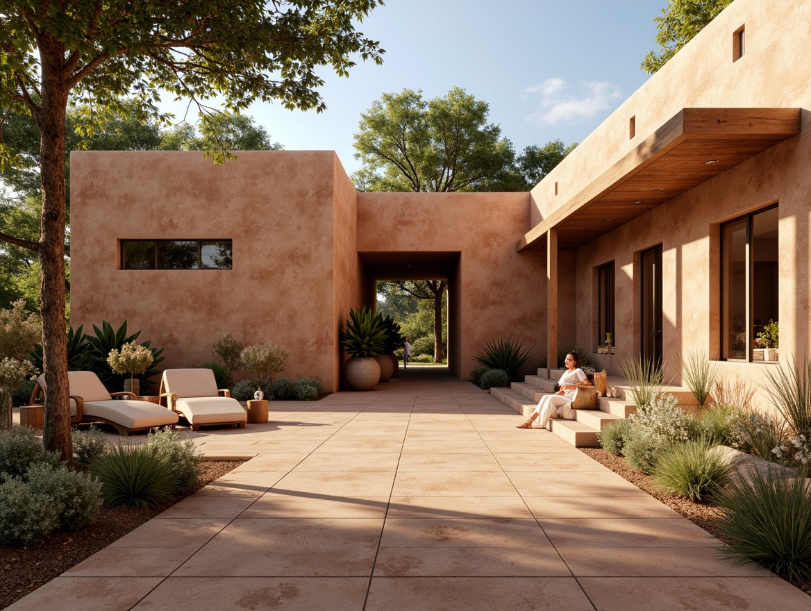 Prompt: Earth-toned rammed earth walls, organic textures, natural materials, sustainable architecture, eco-friendly design, rustic charm, earthy aroma, warm ambient lighting, soft shadows, 1/1 composition, shallow depth of field, realistic renderings, detailed normal maps, rough stone-like surfaces, subtle color variations, earthenware-inspired patterns, natural landscape surroundings, serene atmosphere, gentle breeze, warm sunlight.