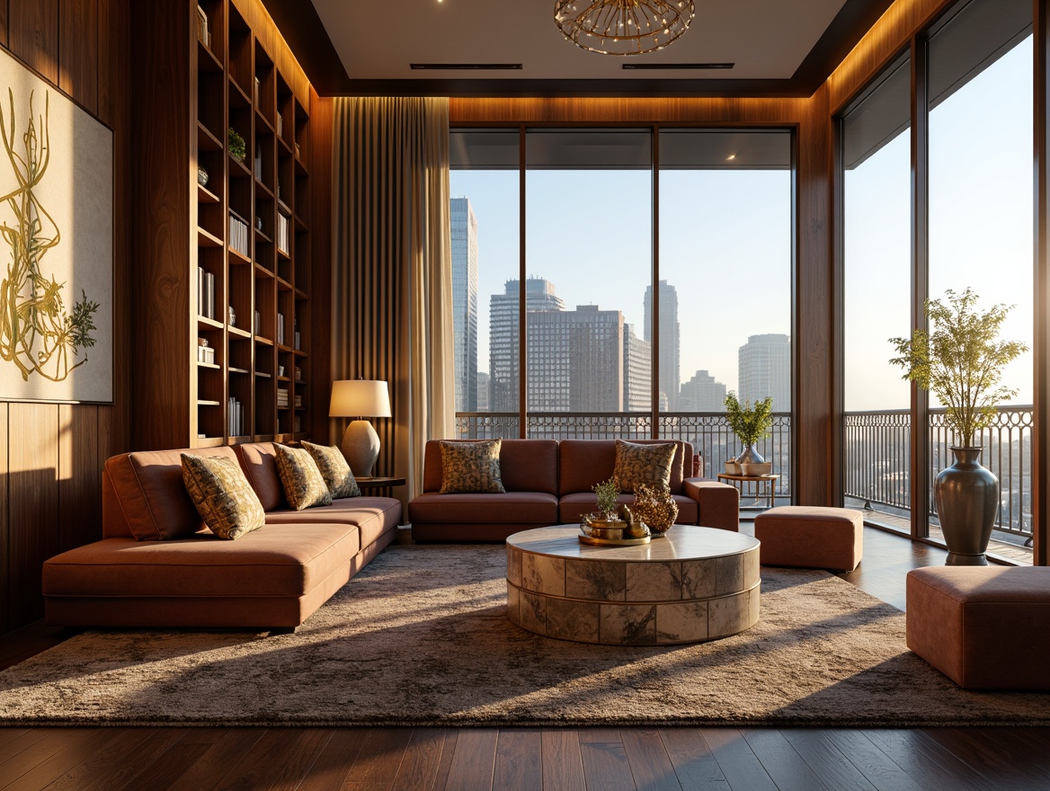 Prompt: Luxurious living room, velvet sofa, golden throw pillows, marble coffee table, ornate metal frames, crystal chandelier, soft warm lighting, rich wood paneling, plush area rug, elegant vases, fresh flower arrangement, modern abstract artwork, floor-to-ceiling windows, panoramic city view, morning sunlight, shallow depth of field, 3/4 composition.