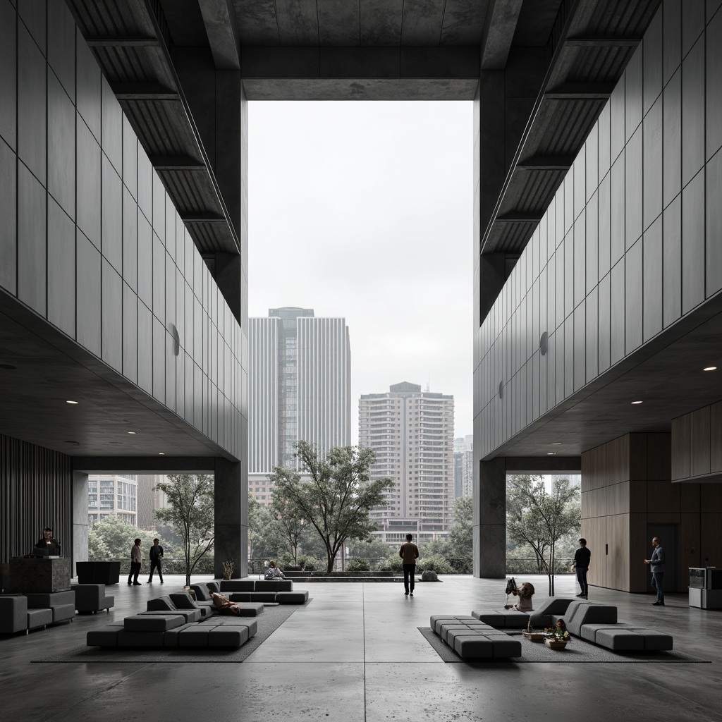 Prompt: Monochromatic color scheme, clean lines, rectangular forms, industrial materials, metal beams, concrete walls, functional furniture, geometric shapes, minimal ornamentation, abundant natural light, open floor plans, sparse decor, brutalist architecture, urban cityscape, overcast sky, soft diffused lighting, high contrast ratio, 1/1 composition, symmetrical framing, realistic textures, ambient occlusion.