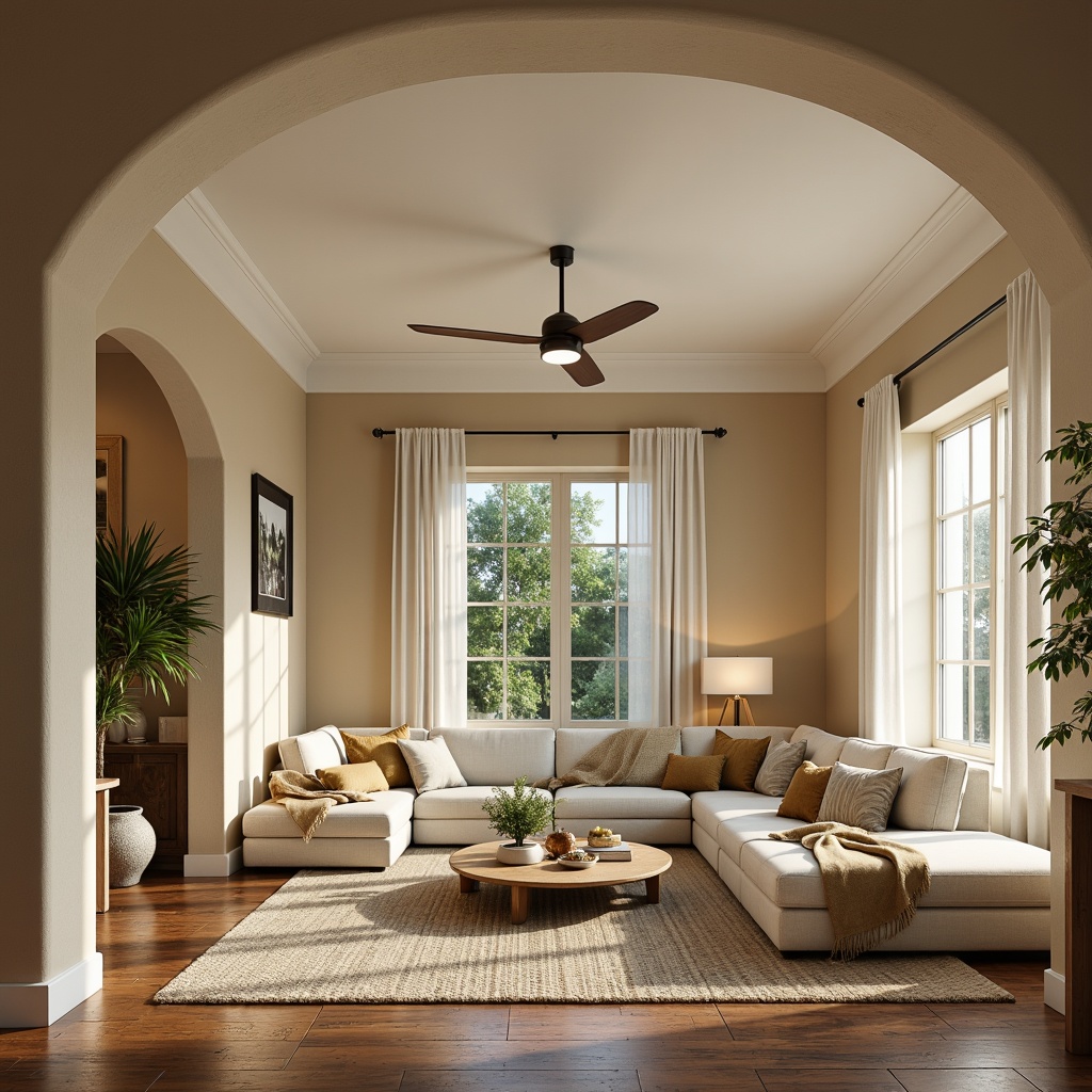 Prompt: Soft warm beige walls, creamy white trim, rich wood accents, calming blue-green undertones, natural earthy tones, serene ambient lighting, gentle warm glow, comfortable cozy atmosphere, inviting living spaces, organic textures, woven fibers, botanical patterns, subtle gradient effects, 1/2 composition, shallow depth of field, realistic material rendering.