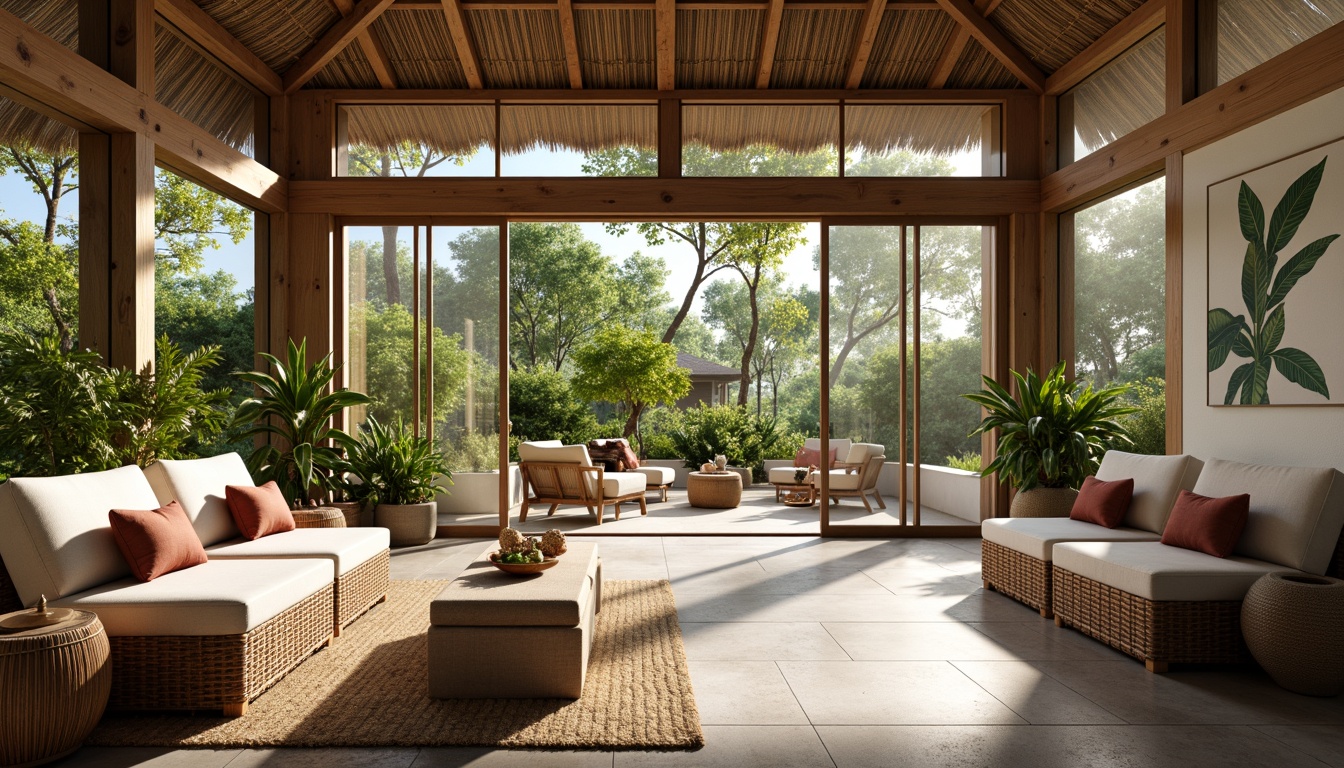 Prompt: Tropical interior, high ceilings, large windows, sliding glass doors, natural fiber textiles, woven rattan furniture, reclaimed wood accents, earthy color palette, lush greenery, potted plants, botanical prints, minimal ornamentation, airy atmosphere, soft warm lighting, shallow depth of field, 1/1 composition, realistic textures, ambient occlusion.