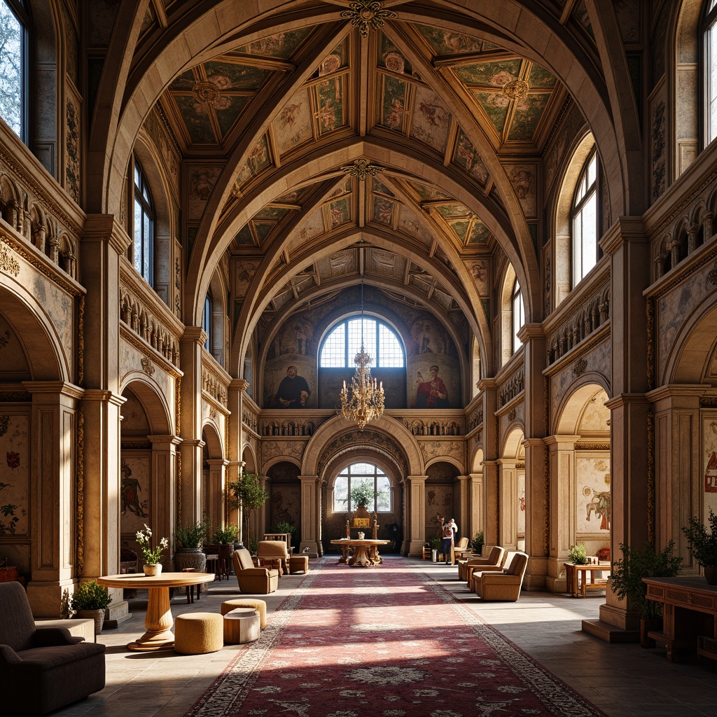 Prompt: Ornate monastery, grandiose architecture, intricate stone carvings, gilded decorations, ornamental frescoes, vaulted ceilings, stained glass windows, rustic wooden doors, lavish furnishings, luxurious textiles, regal color scheme, warm golden lighting, shallow depth of field, 1/1 composition, symmetrical view, realistic textures, ambient occlusion.