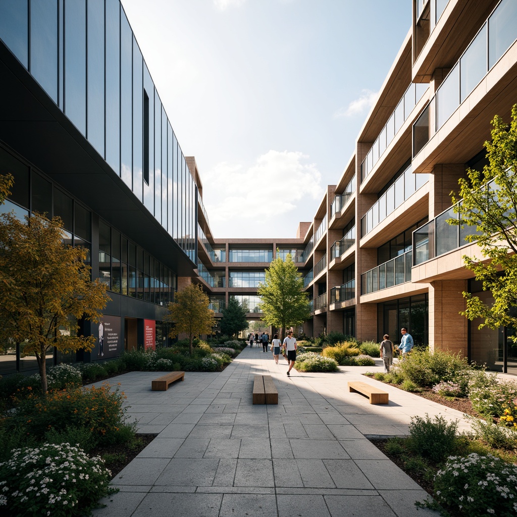 Prompt: Campus courtyard, modern minimalist architecture, sleek glass buildings, metal structures, open spaces, vibrant greenery, blooming flowers, walking paths, benches, educational signs, contemporary street furniture, natural stone pavement, wooden decks, cantilevered roofs, floor-to-ceiling windows, soft warm lighting, shallow depth of field, 3/4 composition, panoramic view, realistic textures, ambient occlusion.