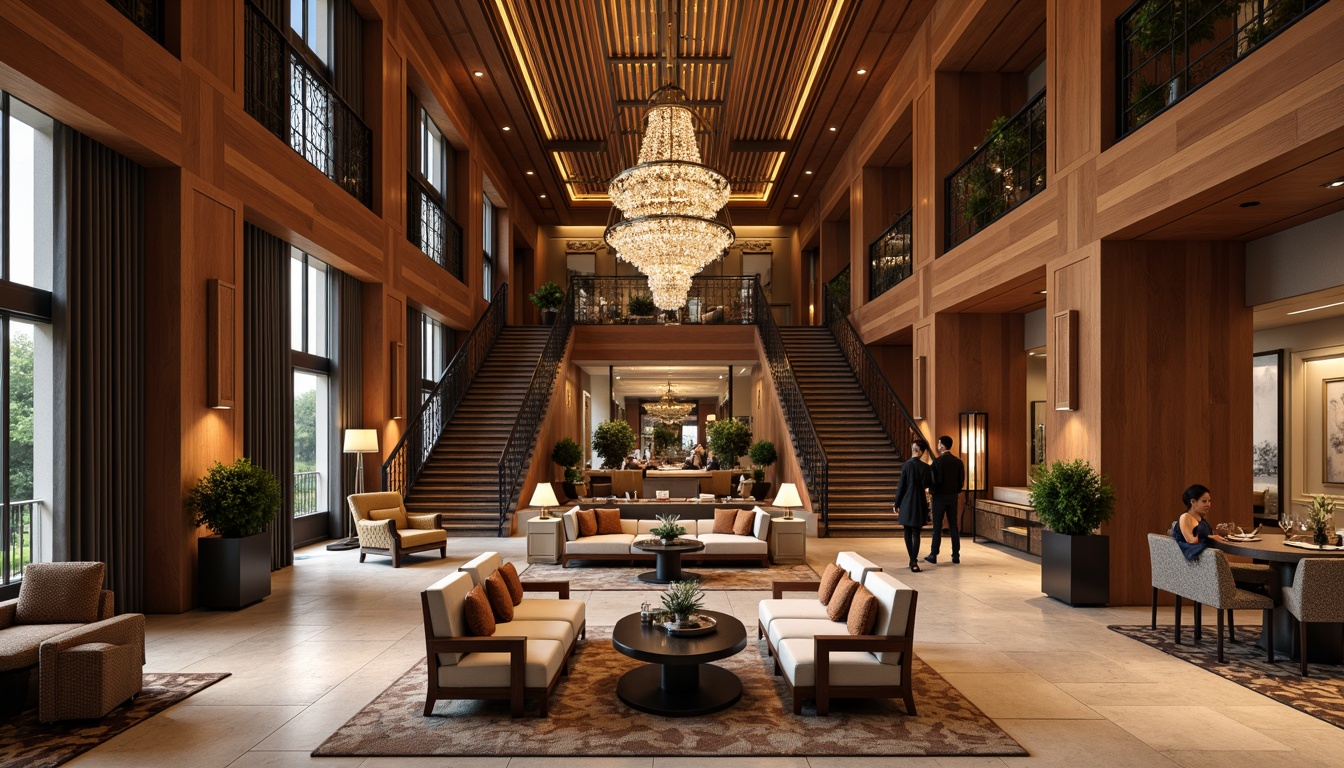 Prompt: Luxurious hotel lobby, rich wooden panels, velvety soft furnishings, metallic accents, natural stone floors, ornate chandeliers, grand staircase, opulent drapery, warm ambient lighting, shallow depth of field, 3/4 composition, panoramic view, realistic textures, ambient occlusion, earthy color palette, comfortable seating areas, modern minimalist decor, sleek reception desk, elegant corridors, spacious guest rooms, plush carpets, intricate patterns, luxurious amenities.