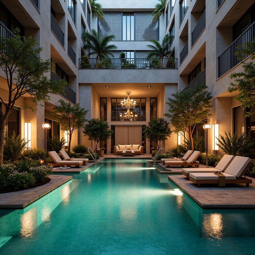 Prompt: Luxurious poolside, Art Deco-inspired architecture, ornate metalwork, geometric patterns, vibrant turquoise water, sun-kissed deck, elegant lounge chairs, modern LED lighting fixtures, sleek chrome finishes, dramatic floor lamps, crystal chandeliers, ambient warm glow, soft shimmering light, shallow depth of field, 1/2 composition, realistic reflections, misty atmosphere.