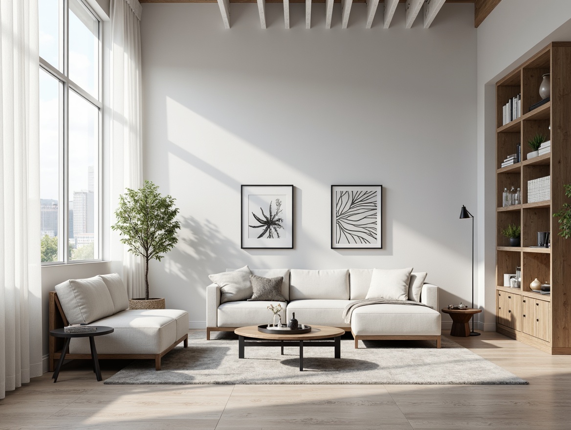 Prompt: Monochromatic interior space, sleek minimalist furniture, low-profile sofas, geometric coffee tables, industrial-chic metal legs, Scandinavian-inspired wooden accents, matte black frames, subtle textile patterns, neutral color palette, abundant natural light, airy atmosphere, 1/1 composition, softbox lighting, realistic wood textures, ambient occlusion.