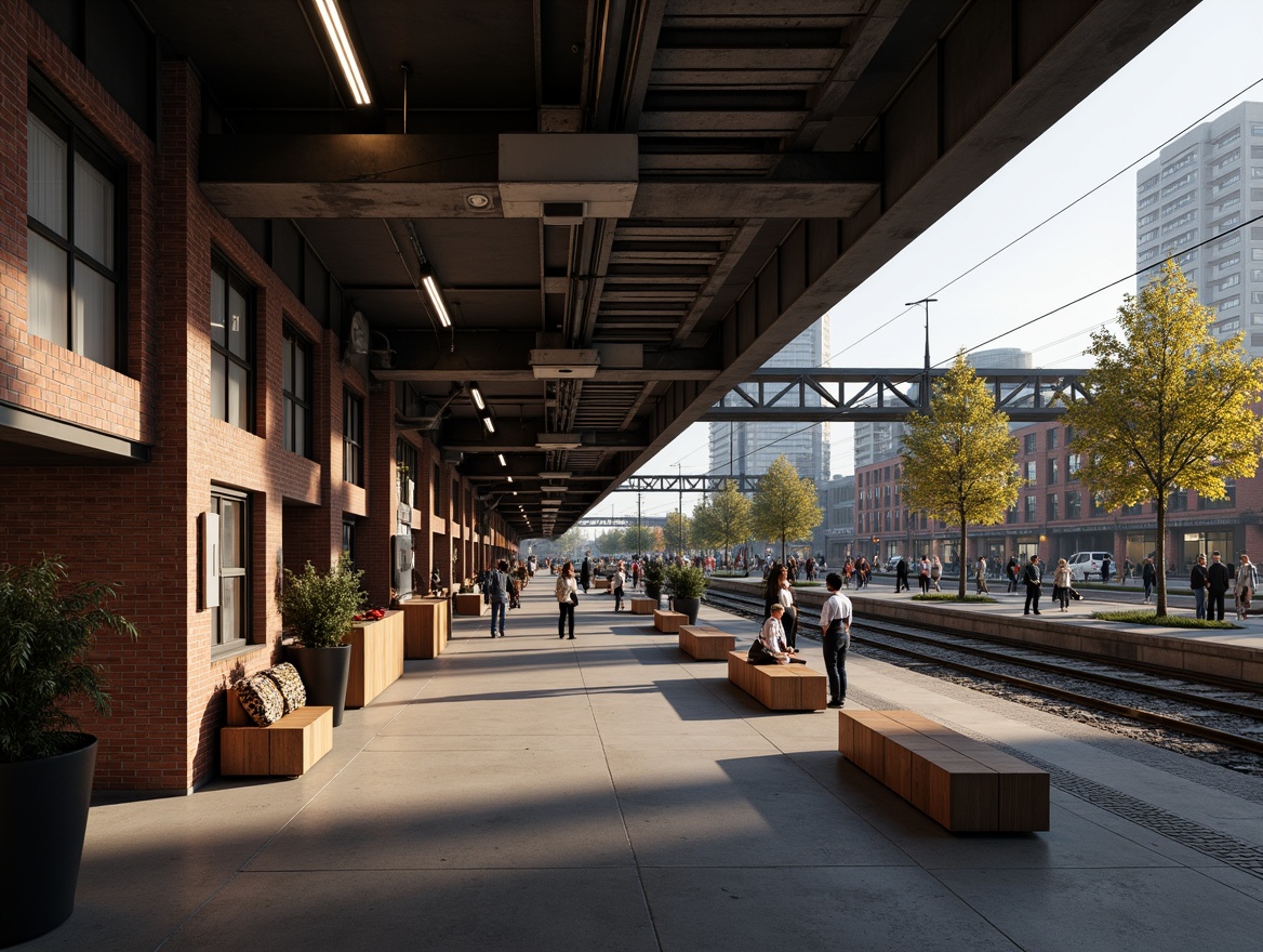 Prompt: Industrial train station, modern steel benches, durable wooden seats, metal luggage racks, functional shelving units, industrial-style lighting fixtures, exposed brick walls, high ceilings, large windows, urban cityscape, busy atmosphere, morning commute, warm natural light, shallow depth of field, 1/2 composition, realistic textures, ambient occlusion.