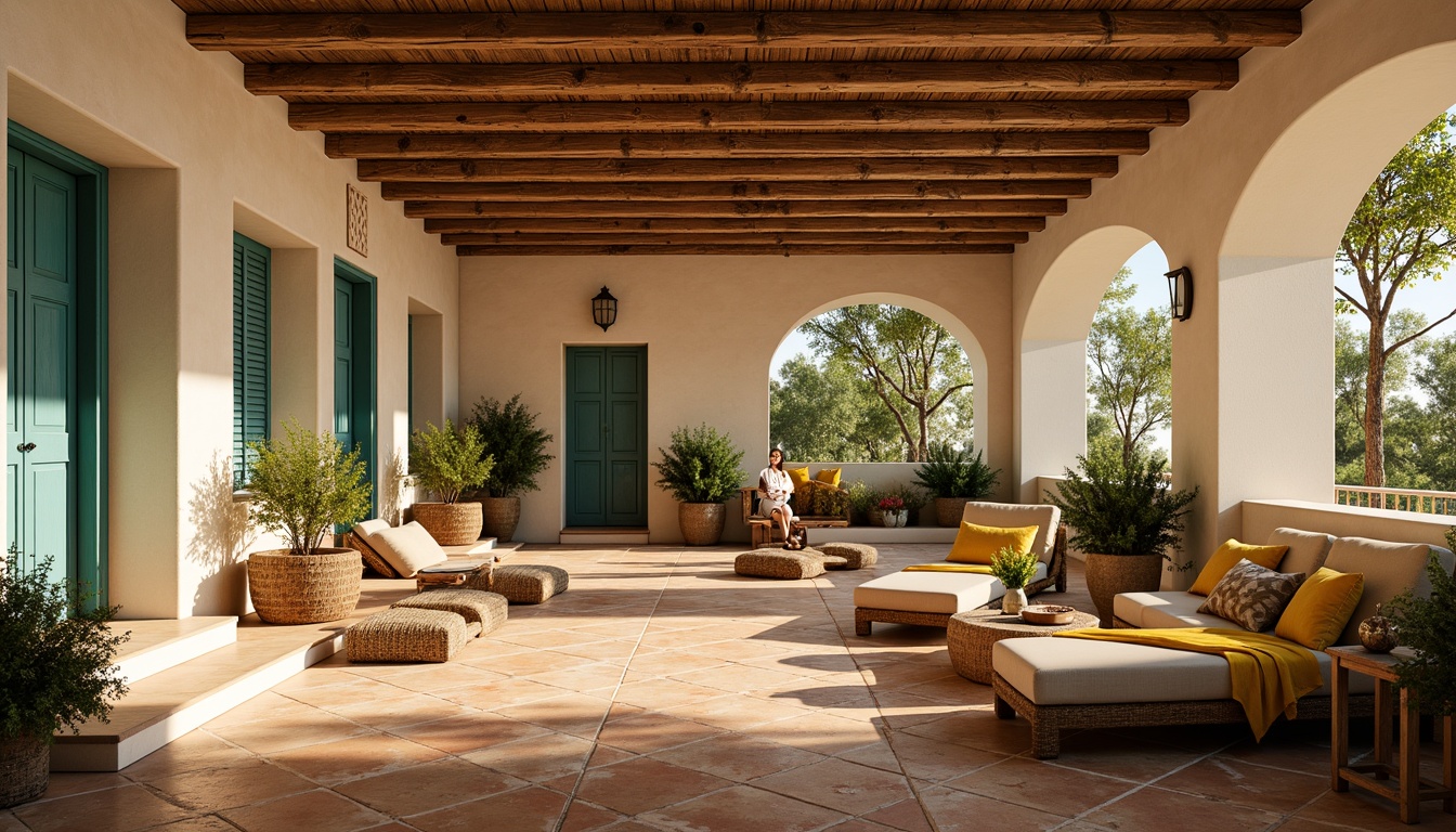 Prompt: Warm earthy tones, rustic terracotta floors, soft creamy walls, distressed wooden beams, ornate ceramic tiles, turquoise accents, vibrant yellow fabrics, natural linen upholstery, woven rattan furniture, lush greenery, potted olive trees, warm sunlight, shallow depth of field, 1/1 composition, soft warm lighting, realistic textures, ambient occlusion.