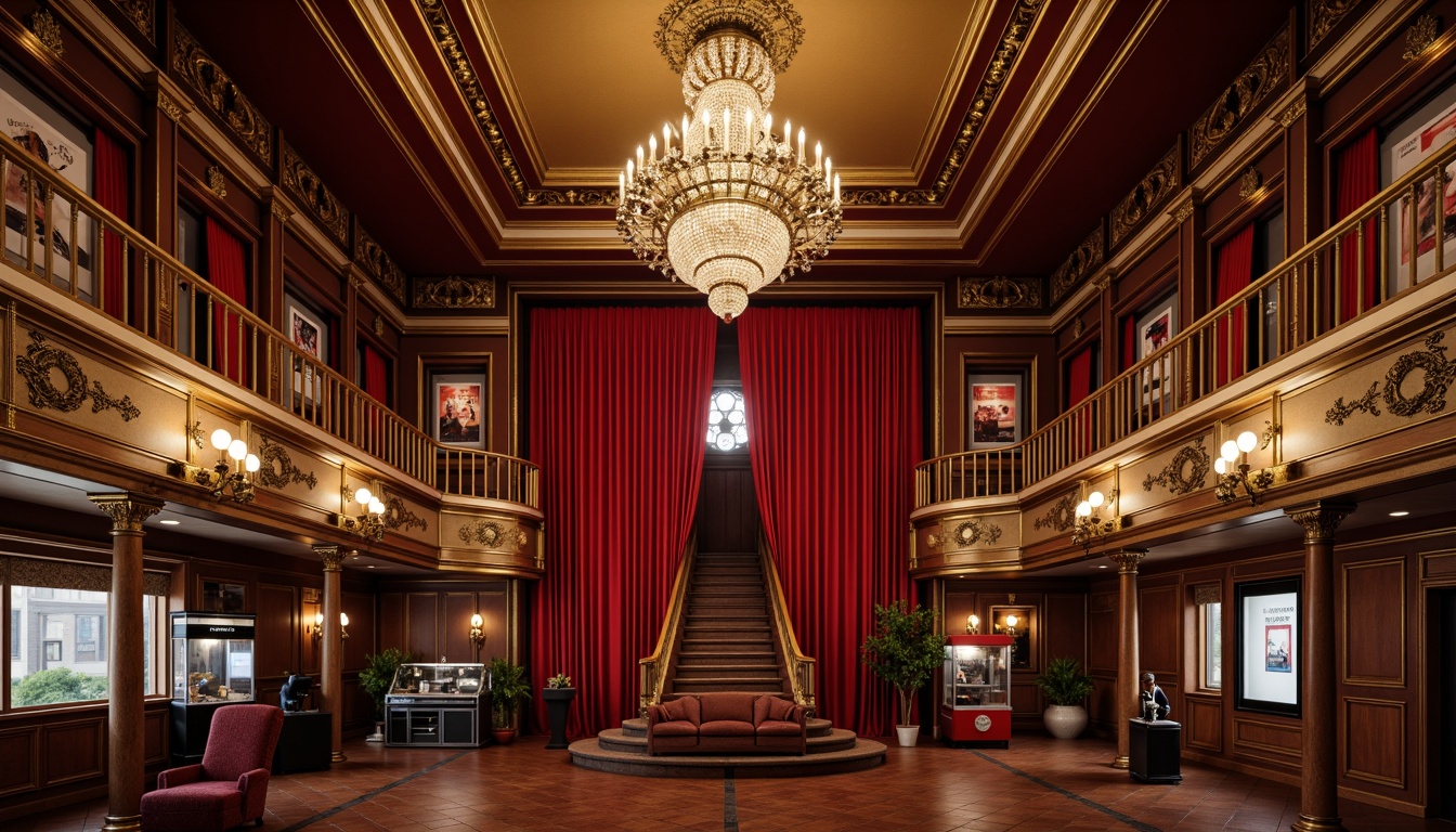 Prompt: Luxurious theater interior, rich red velvet curtains, ornate gold accents, intricate moldings, crystal chandeliers, grand staircase, balcony seating, vintage cinema cameras, classic film posters, nostalgic concession stands, retro-style popcorn machines, soft warm lighting, shallow depth of field, 1/1 composition, dramatic spotlights, opulent drapery, refined wooden paneling, ornamental plasterwork, sophisticated sound systems, comfortable plush seats.