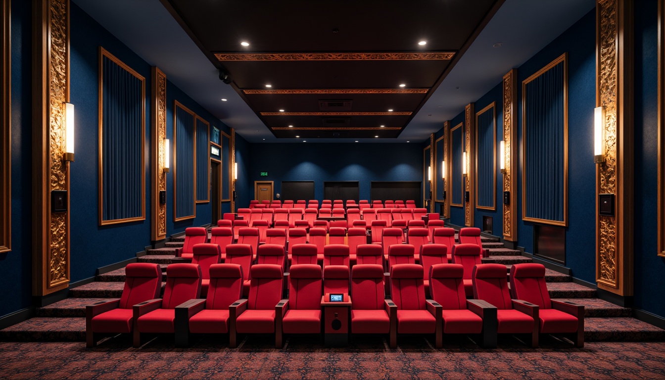 Prompt: Luxurious cinema interior, dark blue walls, plush red seats, ornate golden accents, high ceilings, sound-absorbing panels, acoustic diffusers, bass traps, strategic speaker placement, Dolby Atmos system, 3D audio technology, immersive cinematic experience, soft warm lighting, rich wood tones, velvety carpets, intricate architectural details, futuristic design elements.