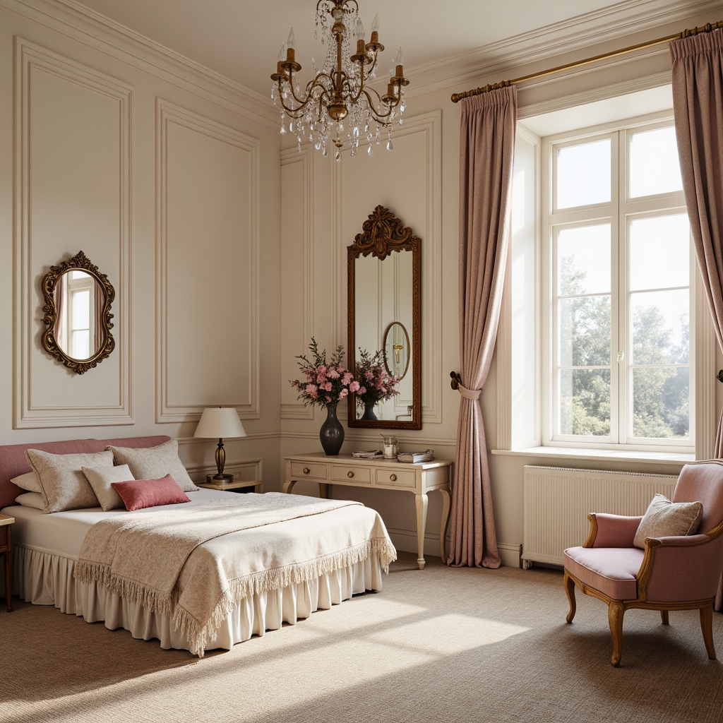 Prompt: Soft, feminine boudoir, pastel hues, distressed finishes, vintage accessories, ornate mirrors, floral patterns, lace details, cream-colored walls, pale pink accents, mauve undertones, weathered wood furniture, crystal chandeliers, flowing drapery, natural light, warm beige carpeting, subtle sheen, 1/1 composition, intimate atmosphere, realistic textures.