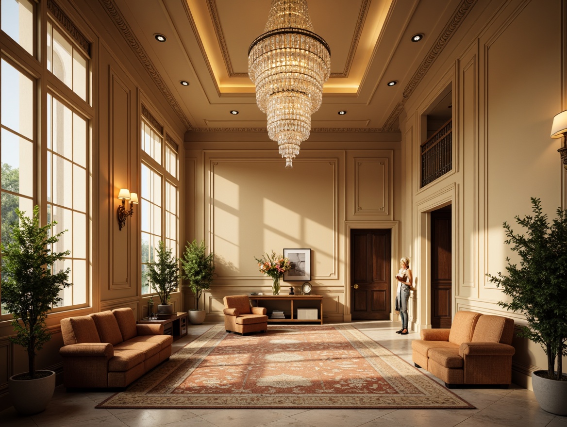 Prompt: Grand chandelier, crystal droplets, warm beige walls, ornate moldings, high ceilings, large windows, soft diffused natural light, elegant floor lamps, classic sconces, subtle wall washes, dramatic spotlights, rich wood tones, marble floors, intricate patterned rugs, luxurious fabrics, neutral color palette, symmetrical compositions, 1/2 composition, shallow depth of field, warm golden lighting, realistic textures, ambient occlusion.Please let me know if this meets your requirements.