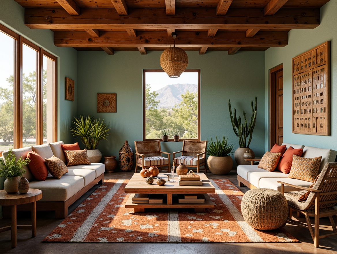 Prompt: Southwestern-style furniture, rustic wooden accents, woven wicker patterns, vibrant turquoise hues, earthy terracotta tones, plush desert-inspired textiles, geometric Aztec motifs, distressed leather upholstery, chunky ceramic vases, cactus-shaped decorative pieces, reclaimed wood coffee tables, rattan chairs, woven basket pendant lights, warm golden lighting, cozy reading nooks, eclectic global-inspired accessories, natural fiber rugs, earth-toned stonework, organic shapes, desert landscape views, sunny afternoon ambiance.