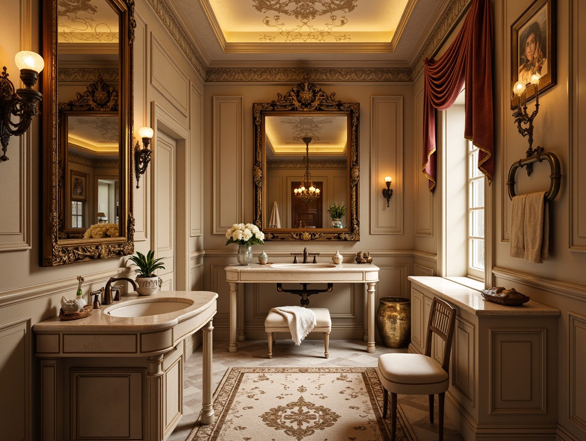 Prompt: Opulent powder room, ornate mirrors, gilded frames, velvet drapes, intricate carvings, ornamental furnishings, soft golden lighting, plush area rugs, delicate porcelain vases, antique bronze fixtures, lavish marble countertops, intricately patterned wallpaper, Rococo-inspired architectural details, luxurious fabric textures, elegant curved lines, warm beige tones, subtle shading, 1/1 composition, shallow depth of field.