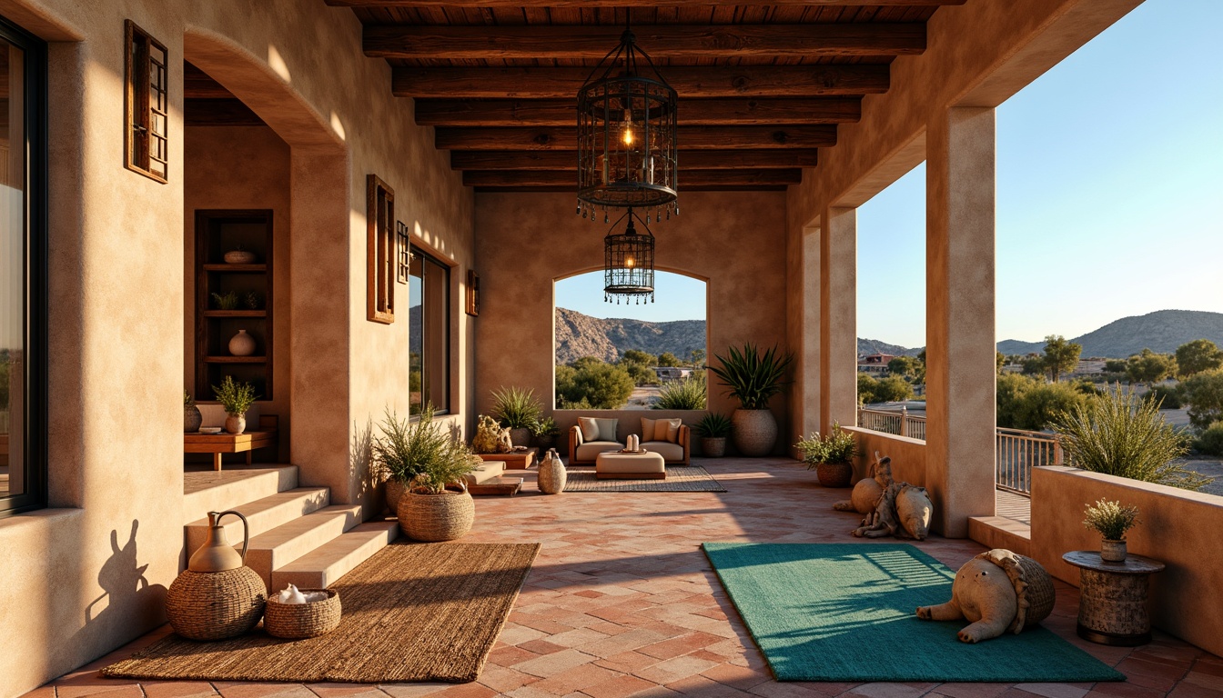 Prompt: Southwestern-style adobe architecture, warm earthy tones, rustic wooden accents, woven textiles, vibrant turquoise hues, natural fiber rugs, geometric patterned tiles, ambient warm lighting, soft diffused shadows, layered lighting effects, pendant lanterns, candlelight ambiance, dramatic ceiling fixtures, warm beige stucco walls, distressed wood beams, earthy red terracotta floors, arid desert landscape views, clear blue skies, sunny afternoon light, shallow depth of field, 1/1 composition, realistic textures.