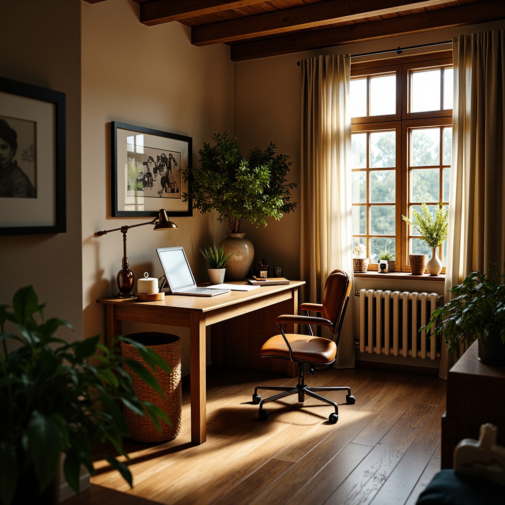 Prompt: Cozy home office, vernacular style, wooden desk, leather chair, warm task lighting, floor lamps, table lamps, softbox lights, natural daylight, large windows, sheer curtains, earthy tone walls, wooden flooring, minimalist decor, vintage decorative items, greenery, potted plants, comfortable atmosphere, soft shadows, warm color palette, inviting ambiance, shallow depth of field, 1/1 composition, realistic textures, ambient occlusion.