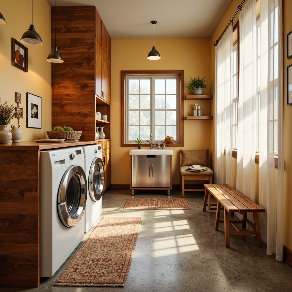 Prompt: Vibrant laundry room, retro-style decor, warm beige walls, rich wood accents, sleek metal cabinets, minimalist chrome fixtures, pendant lighting, soft warm glow, natural daylight, sheer white curtains, polished concrete floors, geometric patterned rugs, 1/1 composition, shallow depth of field, realistic textures, ambient occlusion.