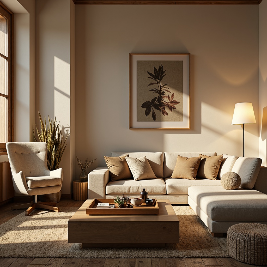 Prompt: Cozy living room, plush sectional sofa, oversized pillows, soft velvety fabric, warm beige tones, wooden coffee table, rounded edges, ergonomic chair design, adjustable headrests, lumbar support, reclining mechanisms, floor lamps, warm white lighting, calming atmosphere, minimalist decor, natural fiber rugs, comfortable ottomans, tranquil color palette, 3/4 composition, shallow depth of field, realistic textures.