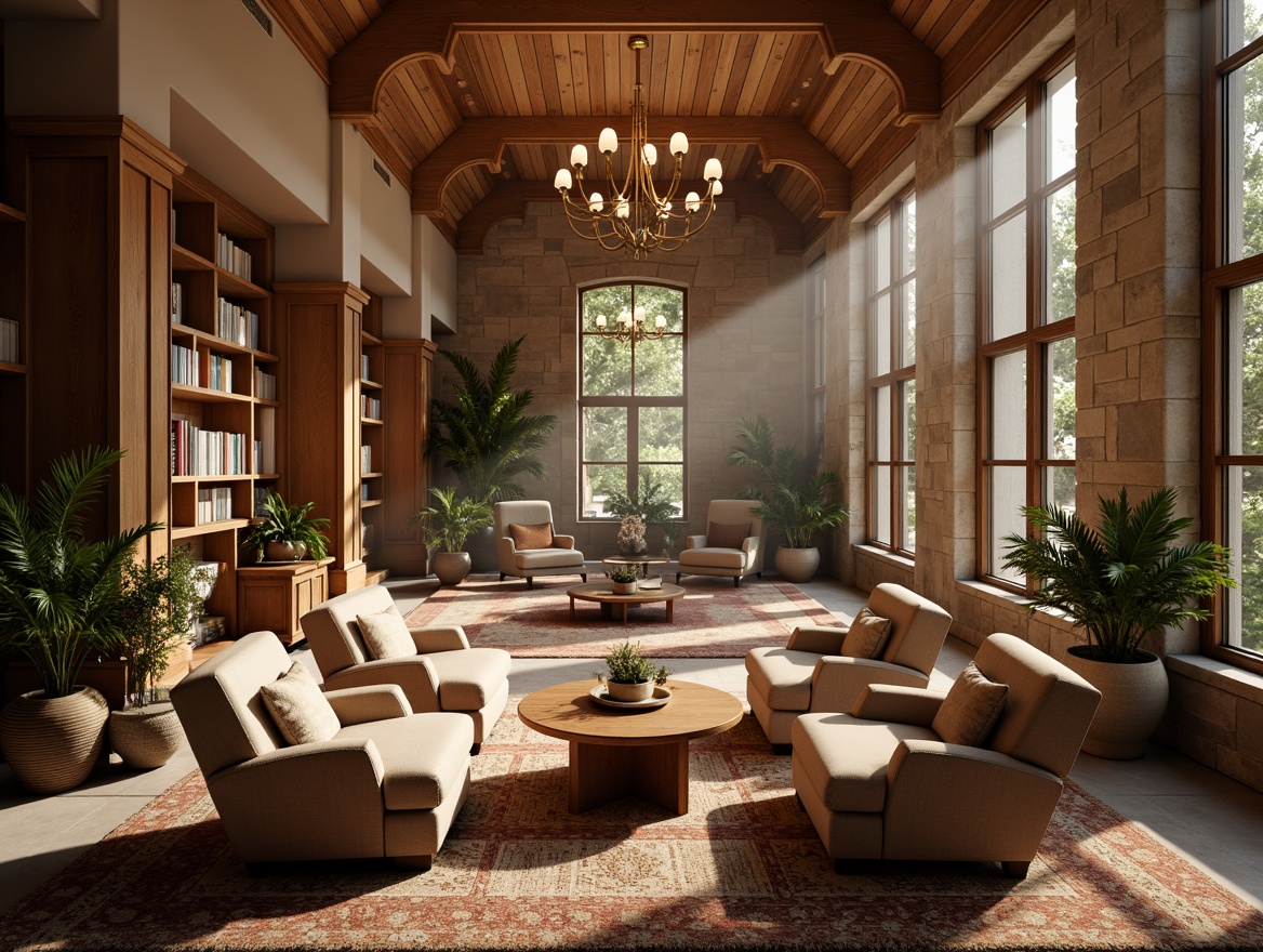 Prompt: Cozy library interior, warm beige tones, rich wood accents, plush carpeting, comfortable seating areas, oversized armchairs, wooden coffee tables, soft cushions, elegant chandeliers, floor-to-ceiling bookshelves, rustic stone walls, natural light pouring in, warm atmospheric lighting, shallow depth of field, 1/1 composition, inviting atmosphere, realistic textures, ambient occlusion.