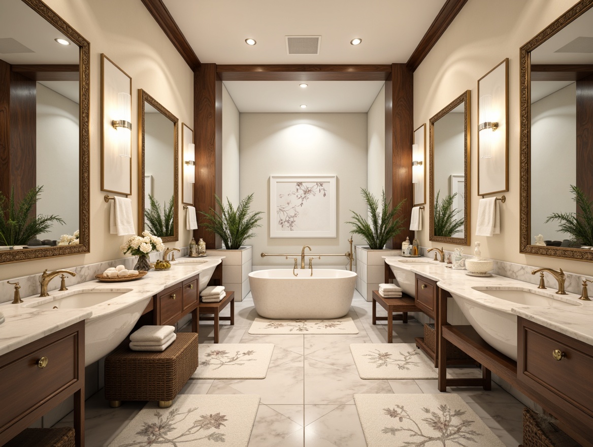 Prompt: Soft creamy whites, warm beige tones, rich dark wood accents, polished chrome fixtures, ornate gold details, elegant marble countertops, subtle grey veins, delicate floral patterns, velvety soft towels, plush area rugs, classic pedestal sinks, ornamental mirrors, crystal chandeliers, ambient warm lighting, shallow depth of field, 1/1 composition, realistic textures, soft focus effect.