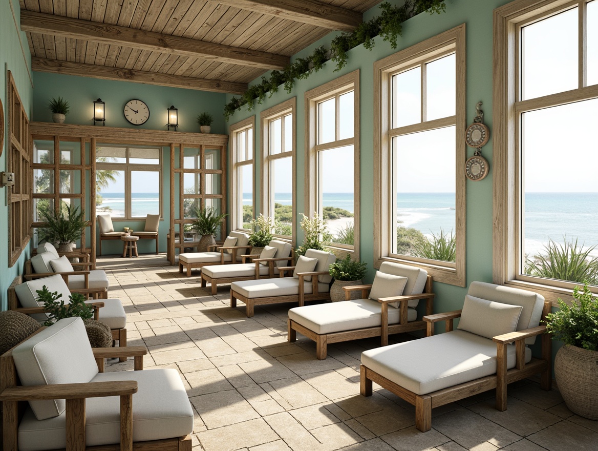 Prompt: Coastal themed cafe, wooden beach chairs, nautical rope details, driftwood accents, ocean-inspired color palette, calming turquoise hues, creamy whites, weathered wood textures, natural fiber upholstery, comfy cushions, relaxed seating arrangement, casual conversational spaces, intimate nooks, refreshing sea breeze, warm sunlight filtering through windows, soft ambient lighting, shallow depth of field, 1/1 composition, inviting atmosphere, realistic renderings, subtle ocean sounds.