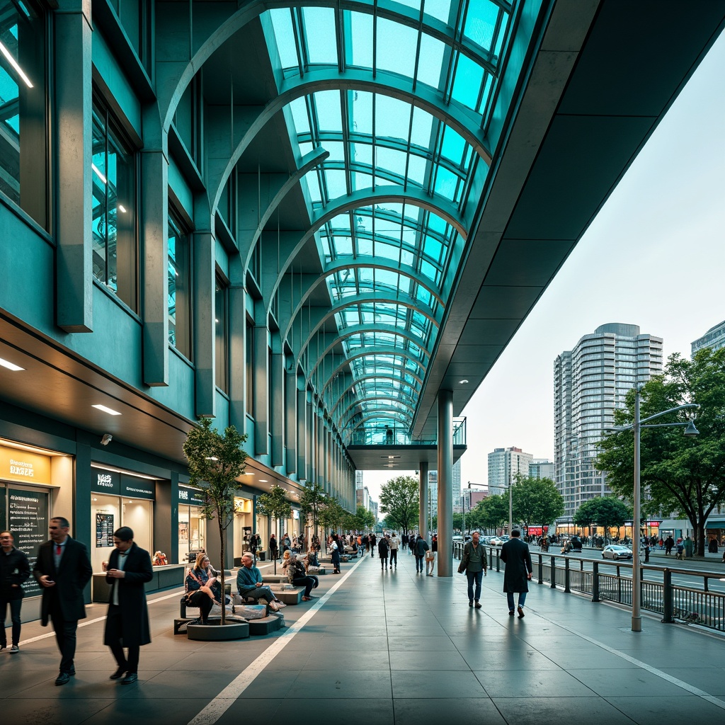 Prompt: Vibrant teal accents, modern bus station architecture, sleek glass facades, polished metal surfaces, futuristic lighting fixtures, dynamic curves, urban cityscape, busy pedestrian traffic, morning commute atmosphere, soft natural light, shallow depth of field, 1/1 composition, realistic reflections, ambient occlusion, concrete flooring, stainless steel handrails, minimalist seating areas, wayfinding signage, electronic display boards.