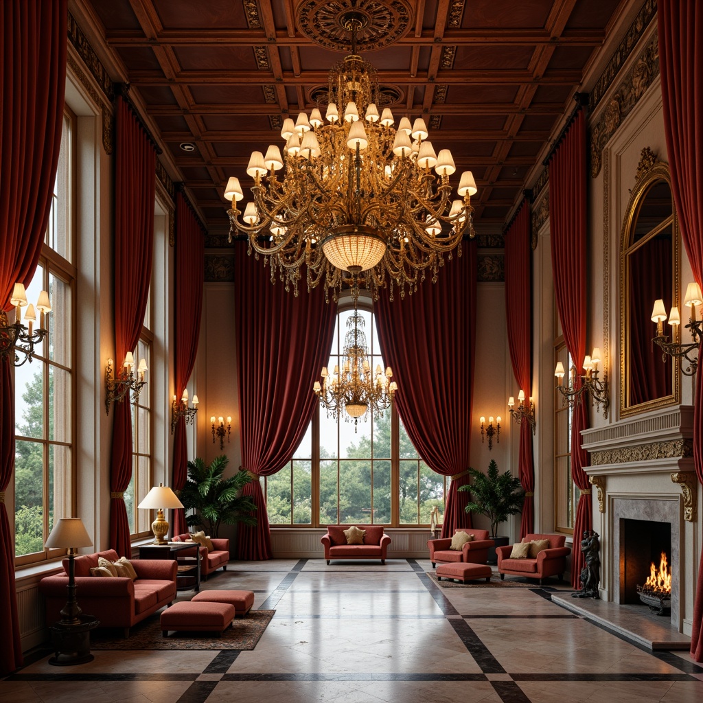 Prompt: Ornate chandeliers, luxurious drapery, rich velvet fabrics, intricately carved wooden panels, grandiose stone fireplaces, ornamental mirrors, polished marble floors, stately columns, elegant furnishings, sophisticated color palette, warm soft lighting, shallow depth of field, 3/4 composition, panoramic view, realistic textures, ambient occlusion.