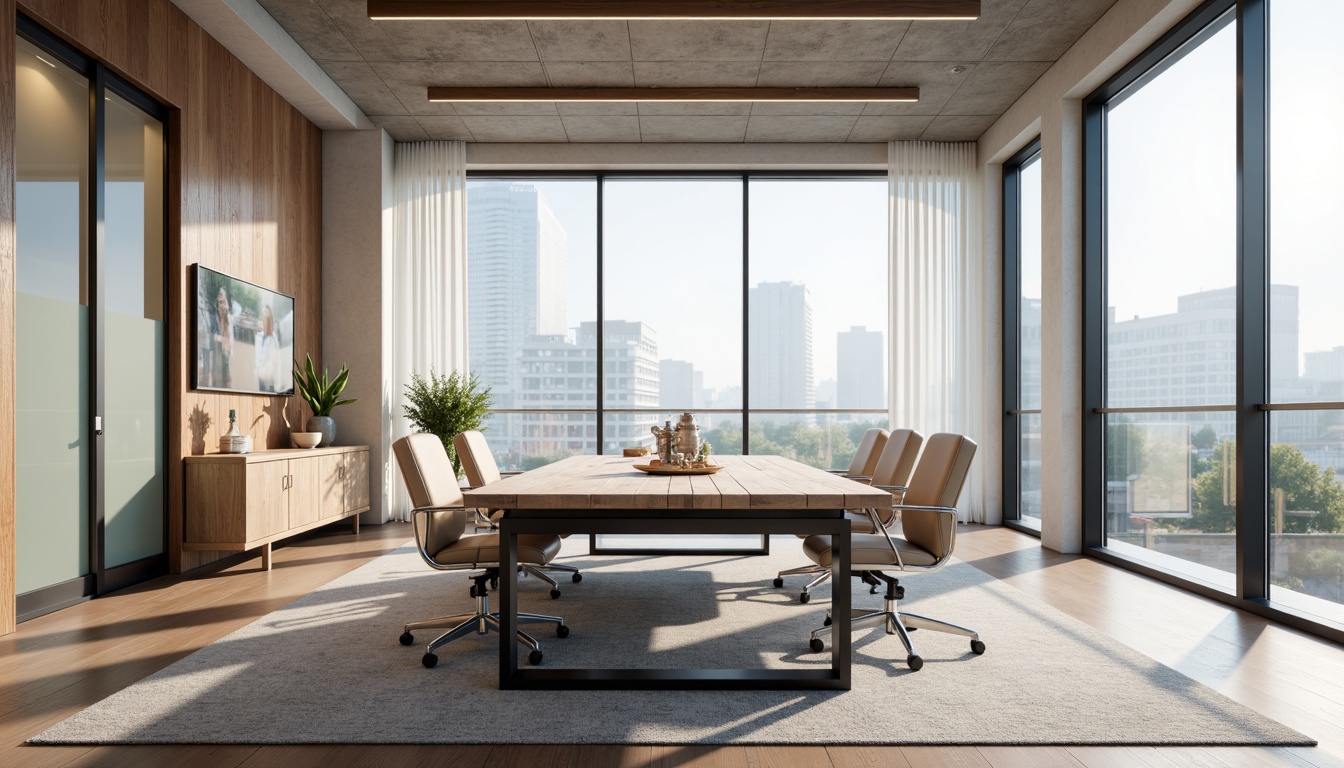 Prompt: Modern minimalist conference table, sleek metal legs, reclaimed wood surface, built-in USB ports, ergonomic chairs, functional task lighting, pastel color scheme, textured rugs, acoustic ceiling panels, floor-to-ceiling windows, cityscape views, morning natural light, softbox lighting, shallow depth of field, 2/3 composition, realistic reflections, ambient occlusion.