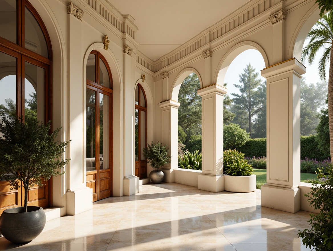 Prompt: Elegant neoclassical residence, ornate molding details, cream-colored stucco walls, rounded archways, grand entrance doors, polished bronze hardware, symmetrical fa\u00e7ade, decorative cornices, classical columns, intricately carved wooden accents, soft beige marble floors, crystal chandeliers, lush greenery, tranquil garden views, warm afternoon sunlight, shallow depth of field, 1/2 composition, realistic textures, ambient occlusion.Let me know if you need any adjustments!